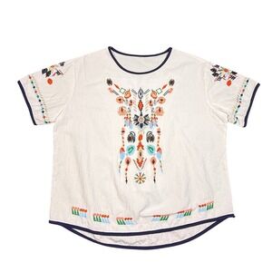 White Cotton Linen Embroidered Boho Short Sleeve Top Sz M lightweight Oversized